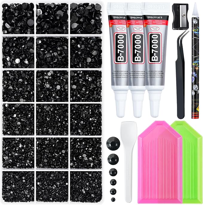32000 Pcs Resin Jelly Rhinestones Kit, Black 2/3/4/5/6mm Flatback Rhinestones with 3 Pcs B7000 Jewelry Glue & Tools, All-in-One Bedazzling Kit for DIY Arts & Crafts Gifts