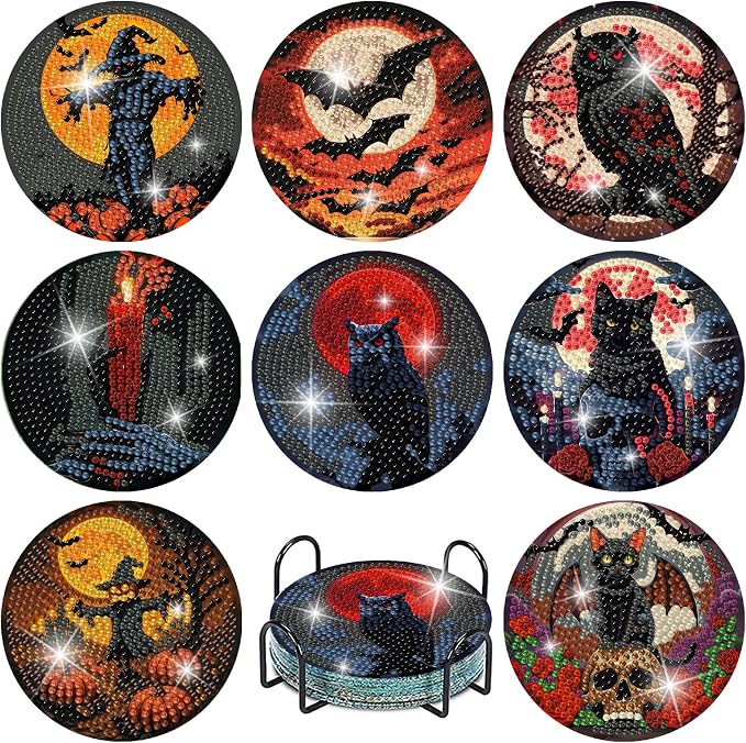 askkqtx 8 Pcs Halloween Diamond Art Coasters Kits with Holder 4X4 Inch