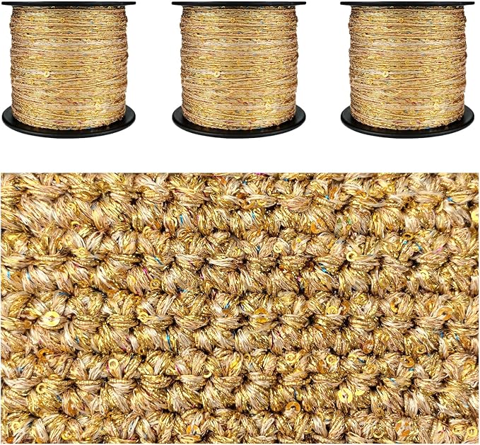 Artisanal Yarn Collection Multifiber Fancy Yarn with Mini Golden Sequins for Knitting Crocheting Crafts DIY, Set of 3 Rolls (Gold with Mini Sequins)
