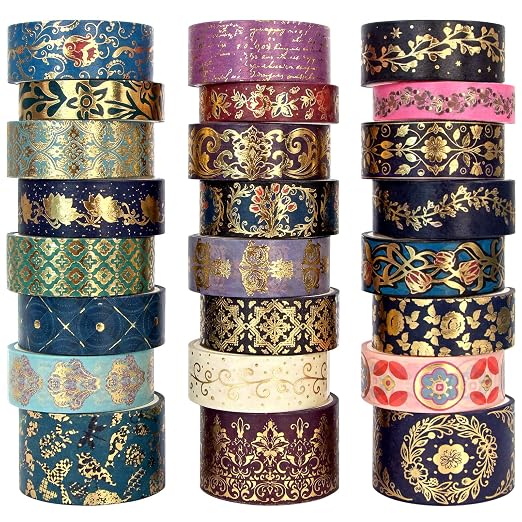 Gold Foil Washi Tape Set — 24 Rolls Vintage Dark Academia Aesthetic, Baroque Gothic Jewel Tone Decorative Tape for Junk Journal Supplies, Scrapbook, Planner — Gift Box (3 Sizes)