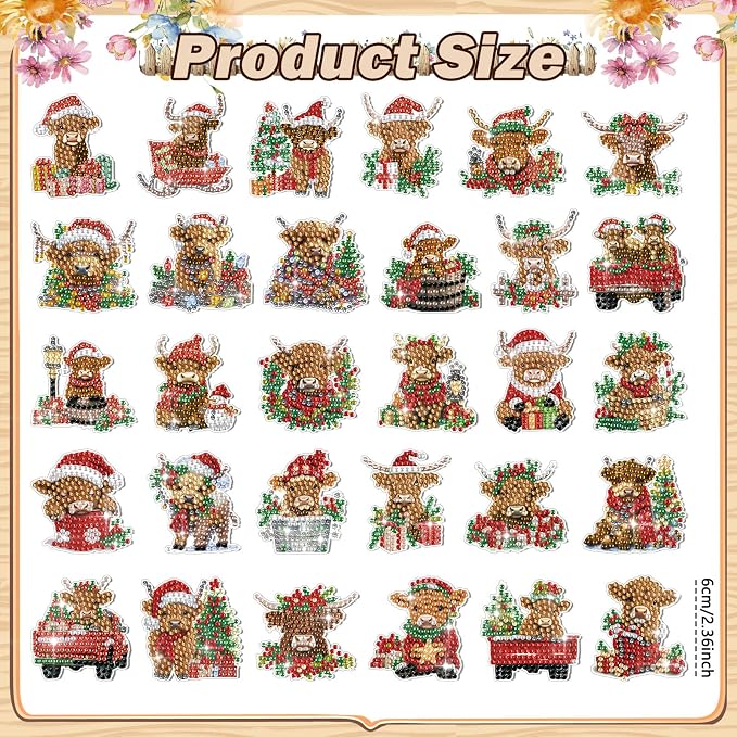 Remuuly 30 Pcs Christmas Diamond Painting Magnets Diamond Art Kit for Adult | Christmas Highland Cow Refrigerator Magnet, Xmas 5D Rhinestone Fridge Magnetic Sticker, Diamond Club Gift, Beginner DIY Craft