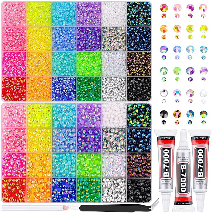 2 Boxes Resin Rhinestones with Tweezers for Crafting, 26000Pcs Mixed-Color 3mm&5mm Bedazzling Crystal with 3Pcs 10ml B7000 Jewelry Glue for DIY Crafts Clothing Tumblers Shoes Fabric Nail Art