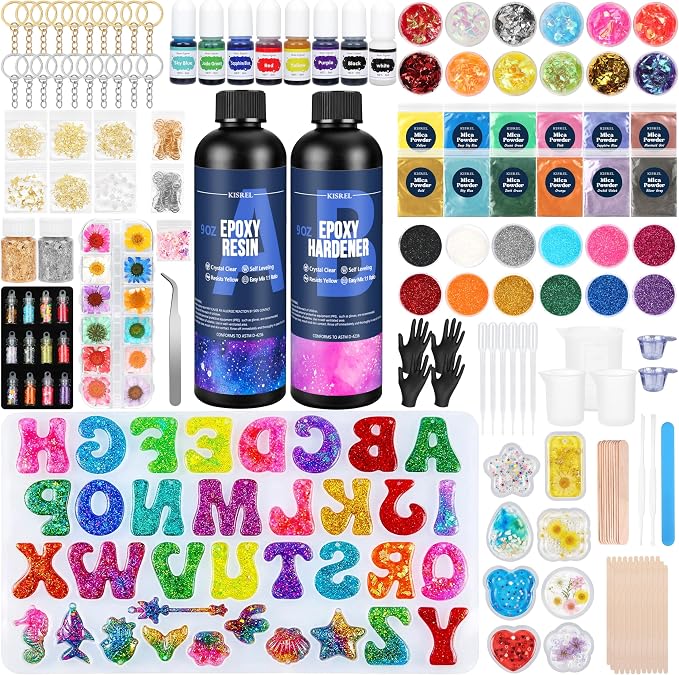 KISREL 18OZ Epoxy Resin Kit, Resin Kit with Alphabet Molds and Supplies | Epoxy Resin with Silicone Alphabet Molds and Jewelry Making kits for Keychains,Craft Decorations
