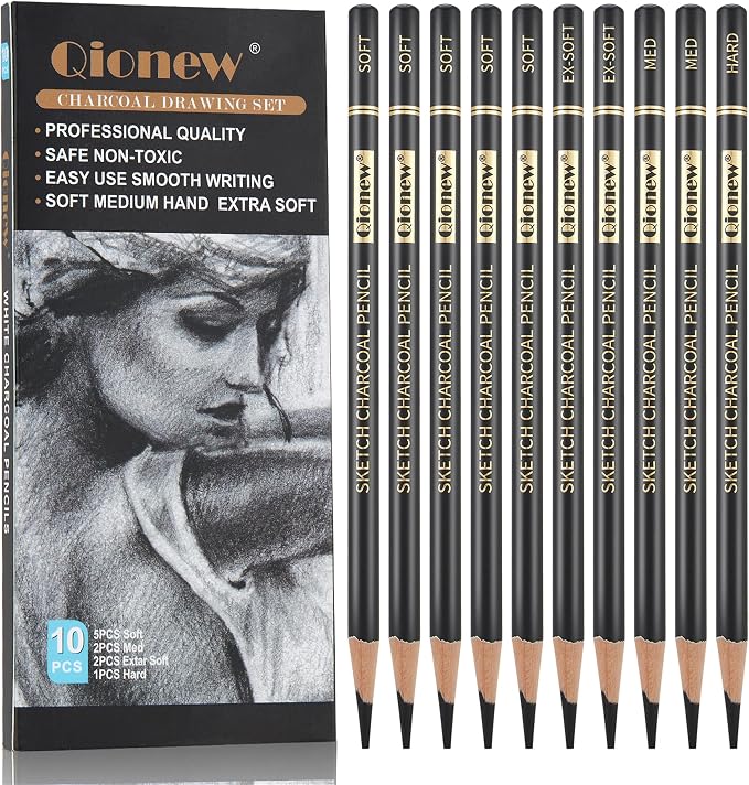 Qionew Professional Soft Medium and Hard Charcoal Pencils Drawing Set 10Pcs | Super Soft, Soft, Medium & Hard Charcoal Pencils for Drawing, Sketching, Shading, Beginners & Artists