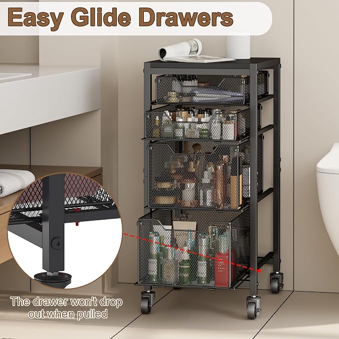 Rolling Storage Cart with Drawers, Under Desk Storage with Wooden Tabletop & Lockable Wheels, 4-Tier Storage Drawers for Bathroom, Craft, Office, Black