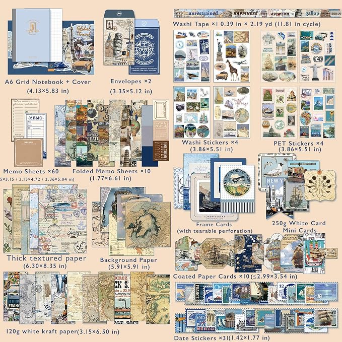 Travel Scrapbooking Supplies Kit, A6 Notebook, Vintage Junk Journaling Kit