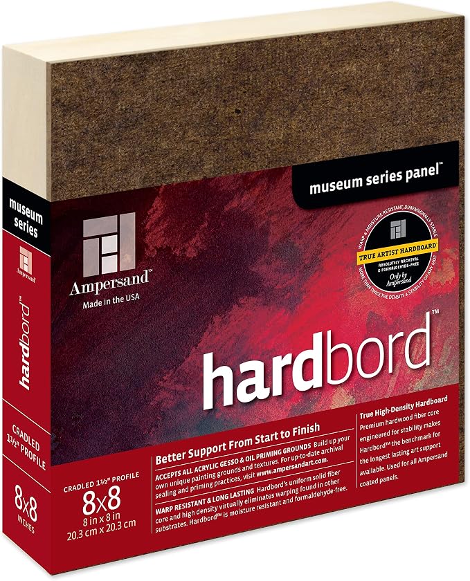 Ampersand Art Supply Hardboard Wood Painting Panel: Museum Series Hardbord, 8" x 8", 1-1/2 Inch Cradled Profile