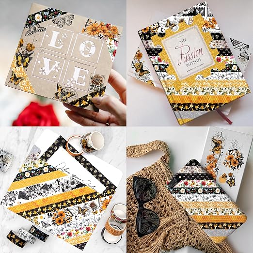 Washi Tape Set 14 Rolls, Vintage Bee Floral Butterfly Botanical Washi Tape, Yellow Black Decorative Tapes for Scrapbooking Supplies, Junk Journal, Bullet Journaling, Art Crafts