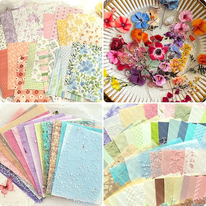 Flartmo Scrapbook Supplies Kit with 246 Sheets Textured & Floral Scrapbook Paper, 50 Pcs Flower Scrapbook Sticker & 3 Rolls Double-Sided Tape for Scrapbooking, Junk Journal, Card Making, Embellishment