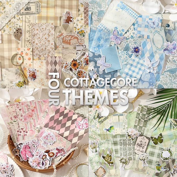 OKUPAN Scrapbook Supplies Kit – 100PCS Vintage Cottagecore Floral Scrapbook Paper & Stickers, 4 Sizes Pastoral Scrapbooking Supplies for Journaling, Card Making & DIY Gifts (Green)