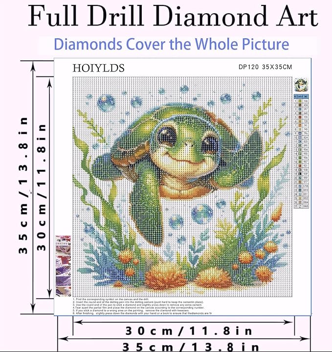 HOIYLDS Cute Turtle Diamond Painting Kits for Adults - Diamond Art Kits for Adults Beginner, DIY Full Drill Diamond Dots Paintings with Diamonds 5D Gem Art and Crafts Home Wall Decor 14x14inch