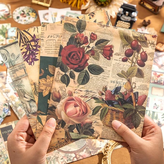 Scrapbooking Supplies Kit, Vintage Botanical Aesthetic Scrapbook Kit for Bullet Junk Journal, Stationery, A6 Grid Notebook, Flower DIY Journaling Supplies, Birthday Craft Gift for Women Craft Lover