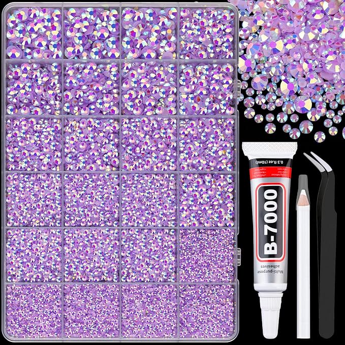 25000Pcs Resin Rhinestones for Crafting, Lavender Purple AB 2-6mm Mixed Sizes Non Hotfix Flatback Gems with 1Pcs Glue, Bedazzling Crystal for DIY Craft Clothing Mugs Tumblers Shoes Decor Nail Art