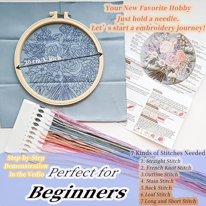 FONNUY Bouquet Flowers Embroidery Kit for Beginners, Pre-Stamped Pattern Kits for Adults with Hoop, Easy to Follow Color Thread Needlework, 8'' Hoop (Captivating Allure)