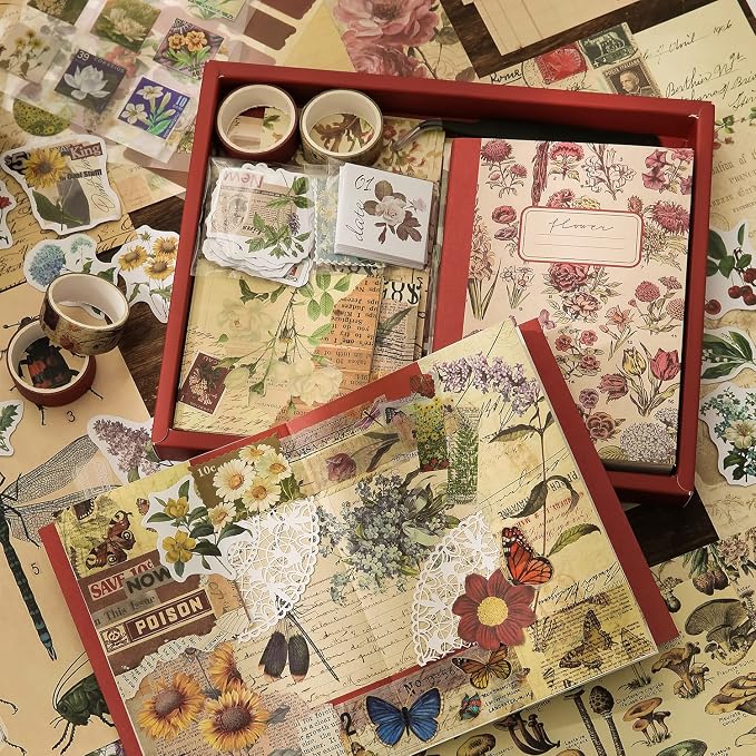 emmoolife Vintage Aesthetic Scrapbooking Supplies Kit, Flowers Botanical Bullet Junk Journal Kit with Journaling Supplies, Tweezers, A6 Grid Notebook,Stationery,Sticker, Birthday Craft Gift for Adult
