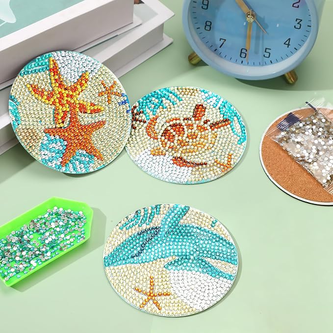 UPINS Ocean Diamond Art Painting Coaster Kit, 8Pcs DIY Crafts Kit with Holder, Non Slip Coaster Art Supplies for Adults, Ideal Christmas Gift | Beach DIY Crafts Kit with Holder,Non Slip Coaster Art Supplies for Adults,Ideal Christmas Gift