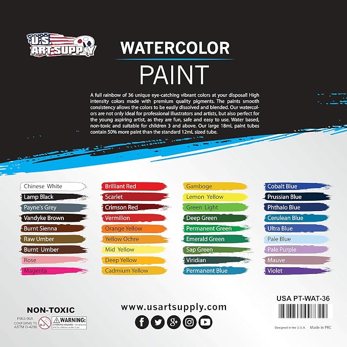 U.S. Art Supply Professional Watercolor Paint Set, 36 Colors in 12ml Tubes