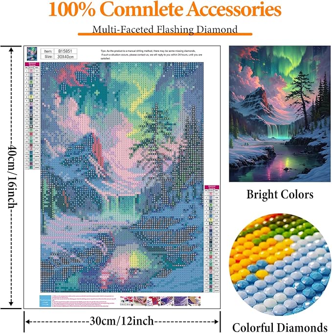 Diamond Art Kits for Adults, Aurora DIY 5D Diamond Painting for Beginners | 12x16 Inch, Full Drill Round Dots, Snowy Mountains Gem Art Craft Kits, Home Wall Decor, Stress Relief Relaxing Hobby Gift