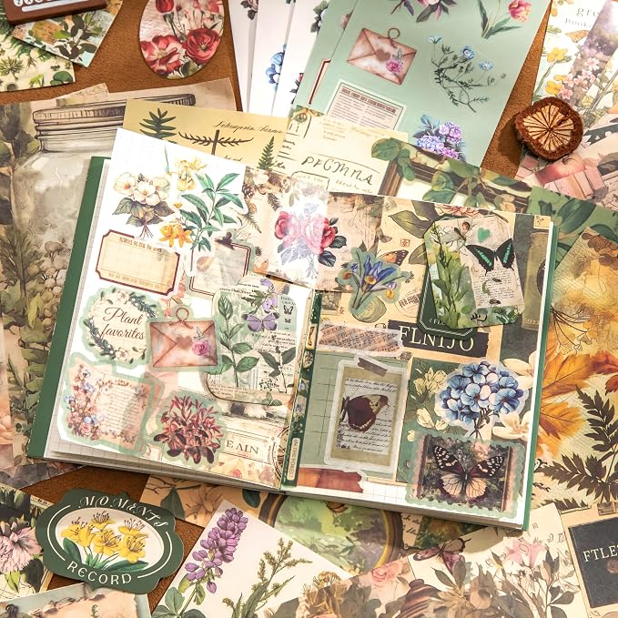 Scrapbooking Supplies Kit, Vintage Botanical Aesthetic Scrapbook Kit for Bullet Junk Journal, Stationery, A6 Grid Notebook, Flower DIY Journaling Supplies, Birthday Craft Gift for Women Craft Lover