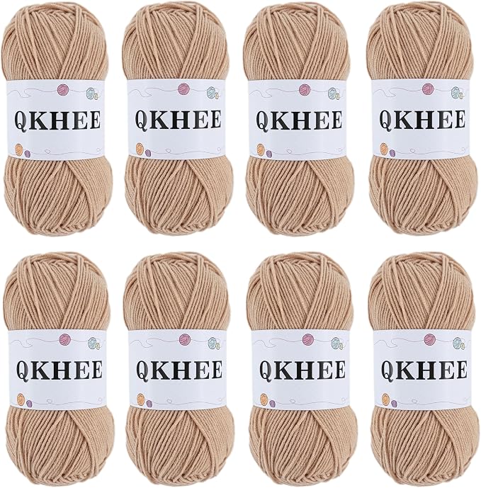 QKHEEYarn for Crocheting and Knitting 8 * 1.76 Oz (50G) /195yd,Fine/Fingering Weight (1), 60% Cotton 40% Acrylic Soft Yarn kit for Making Granny Squares and amigurumi (18 Khaki)