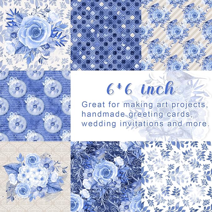 28 Sheets Scrapbook Paper, Floral Scrapbooking Specialty Papers 160gsm Cardmaking Craft Paper Pack Decorative Paper for Card Making (6"X6" Inch, Blue Flowers)