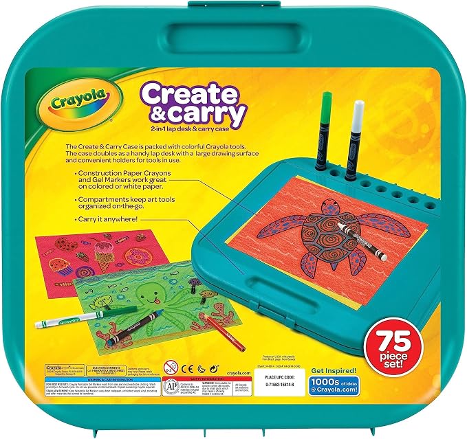 Crayola Create 'N Carry Travel Art Set for Kids (75pcs), 2-in-1 Lap Desk & Carrying Case, Essential Art Supplies Kit, Spring Crafting, Gift for Kids | Portable Art Set for Kids, Colored Pencils, Crayons, Markers, Drawing, Coloring, Crafting Gift for Bo...