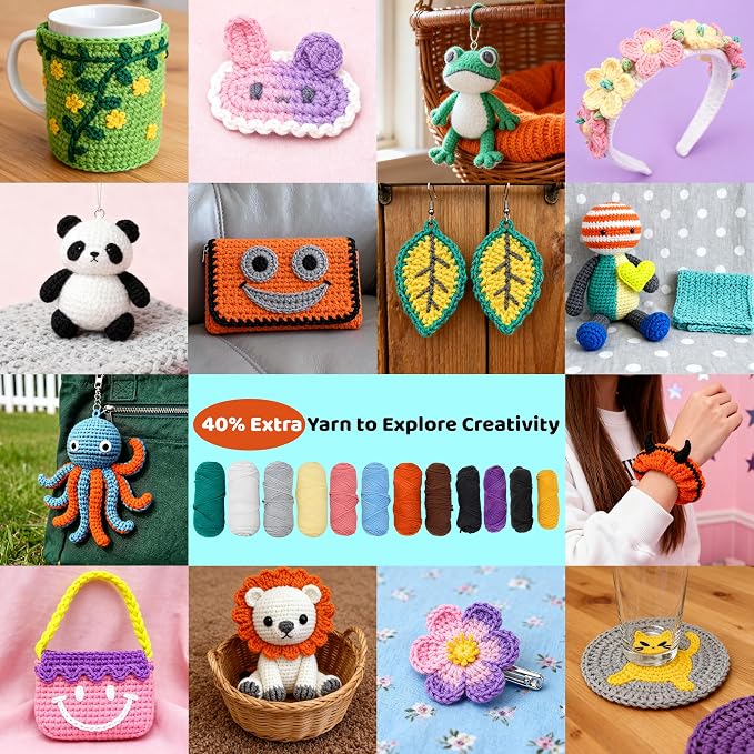 Joyclub Crochet Kit for Beginners 6 Animal Family with Video for Adults | Amigurumi animal with step-by-step video and 40% extra yarn for first projects crochet starter; DIY gifts for adult crafters