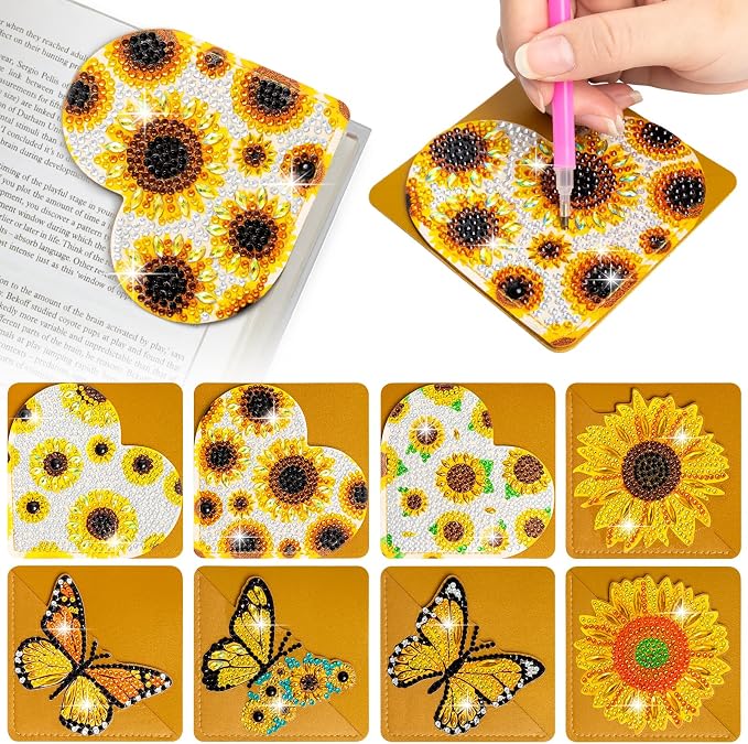 WIVICO 8Pcs Diamond Painting Bookmarks, Diamond Pearl Art Kits for Adults | DIY Bookmark,Diamond Dots Paint By Numbers Kit,Gifts for Book Lovers(Sunflower)