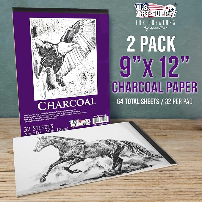 U.S. Art Supply 9" x 12" Premium Heavy-Weight Charcoal Sketchbook Pad | 90lb (160gsm), 2-Pack, 64 Sheets Total, Sketch Book Pad for Charcoal, Pencil & Pastel Drawing