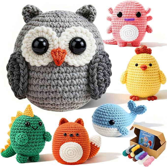 Joyclub Crochet Kit for Beginners 6 Animal Family with Video for Adults | Amigurumi animal with step-by-step video and 40% extra yarn for first projects crochet starter; DIY gifts for adult crafters