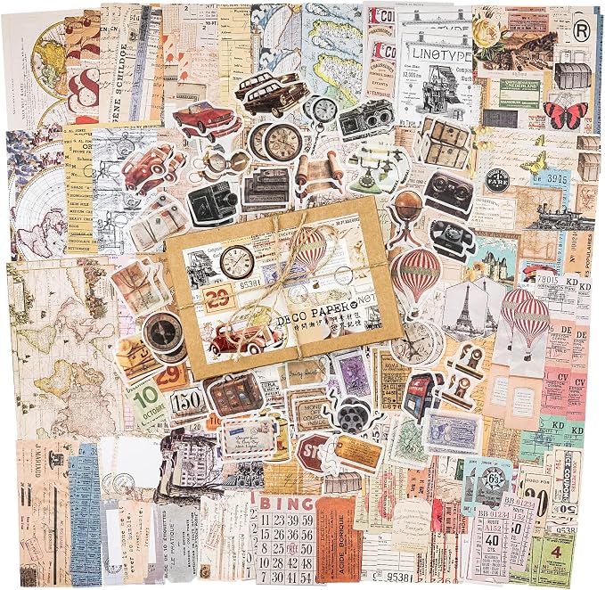 Knaid 200 Pieces Vintage Ephemera Pack Decoupage Paper Junk Journal Kit Scrapbook Planner Sticker Supplies for Art Journaling Bullet Journals Collage Notebooks Album Crafter Gifts (World Memory)