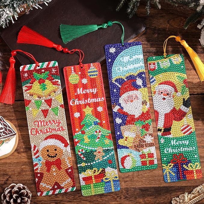 icceemee 4 Pcs Christmas Theme Diamond Painting Bookmarks, DIY Diamond Art Kits for Adults, Book Corner Protecting Bookmark Craft Supplies Kits for Book Lovers