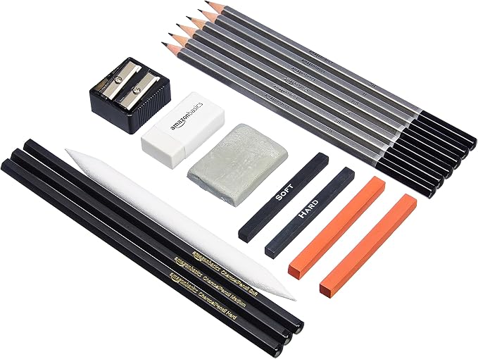 Amazon Basics Sketching and Drawing Art Pencil Kit, 17-Piece Set for Artists, Drawing Supplies with Pencils, Charcoal, Erasers, Sharpener for Shading, Black, White