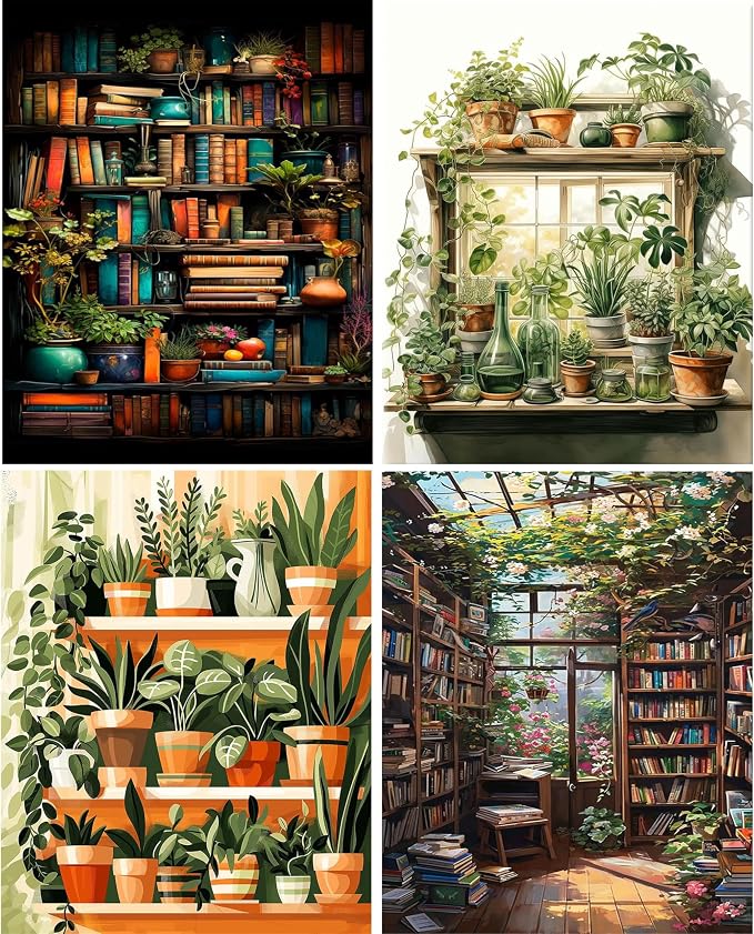 Hutarosl 4 Pack Paint by Numbers Kit for Adults Plant- Bookshelf Paint by Number Adult, Canvas Painting by Numbers for Adults Perfect for Gifts Home Wall Decor 12x16inch