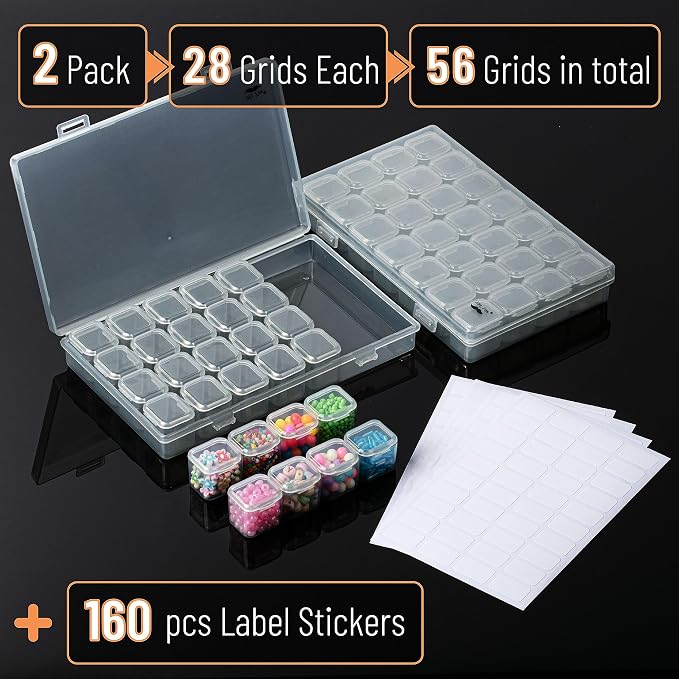 Mr. Pen- Bead Storage Containers, 28 Grids, 2 Pack, Grey | 160 pcs Label Stickers, Transparent, Small Bead Organizer Box, Diamond Art, Diamond Painting Organizer