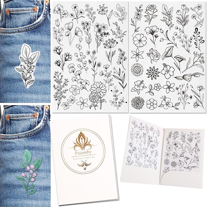 Patemby 50Pcs Embroidery Pattern Water Soluble Embroidery Stabilizers, Stick and Stitch Embroidery Paper Wash Away with Pre-Printed Pattern Designs Stencils Transfers for Hand Sewing Lover Beginner