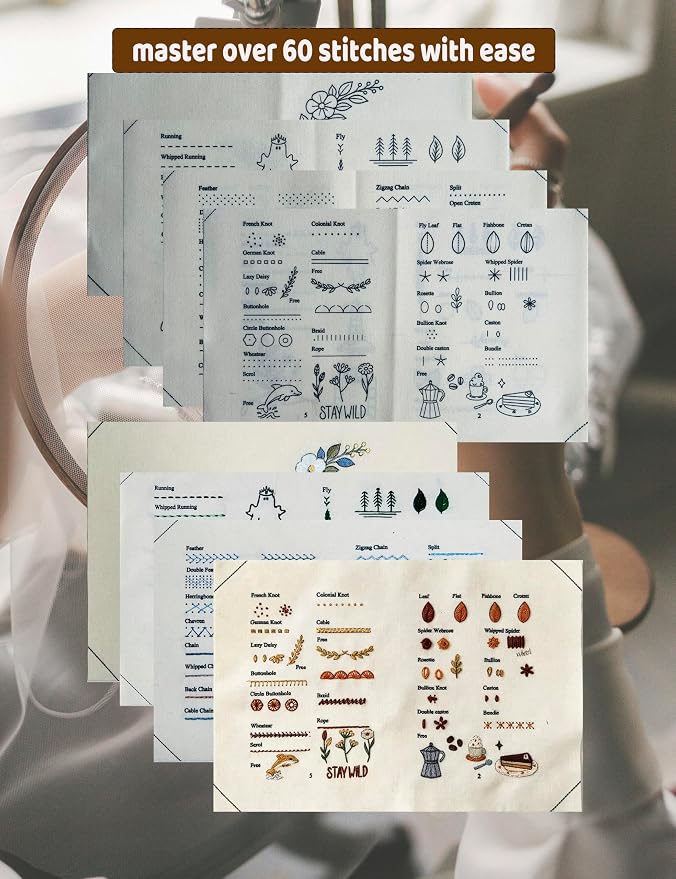 Linhao Jew Embroidery Stitch Book Kit for Beginners, Embroidery Starter Set for Adults DIY Hand Sewing Kits with Threads&Tools，Step-by-Step Video Tutorials