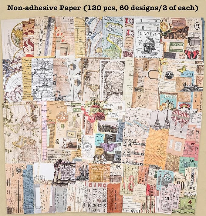 Knaid 200 Pieces Vintage Ephemera Pack Decoupage Paper Junk Journal Kit Scrapbook Planner Sticker Supplies for Art Journaling Bullet Journals Collage Notebooks Album Crafter Gifts (World Memory)