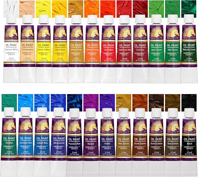 MyArtscape Oil Paint Set - 24 x 12ml Artist Oil Paints | Rich pigment oil paints for canvas painting with smooth blending layering glazing and glossy finish