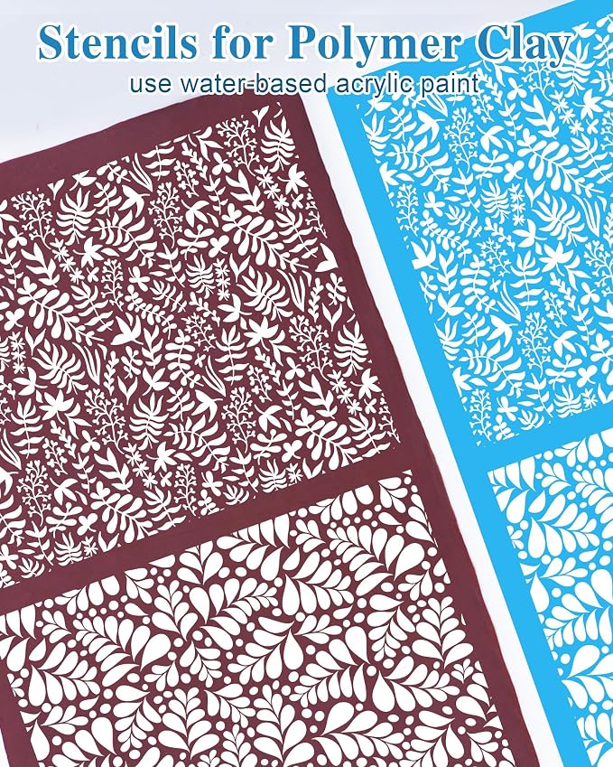 Puocaon Botanical Clay Silk Screen - 6 Pcs Plant Reusable Silk Screen Stencils for Polymer Clay Jewelry Making, Polymer Clay Tools Stencils