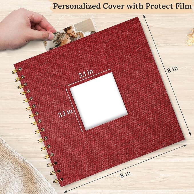 8"x8" Scrapbook Photo Album Linen Cover 20 Sheets 40 Pages White Paper | Red Hardcover Kraft White Pages Memory Book, for Travel Wedding Guest Book Christmas Baby Shower Fits 4x6 & Instant Photos
