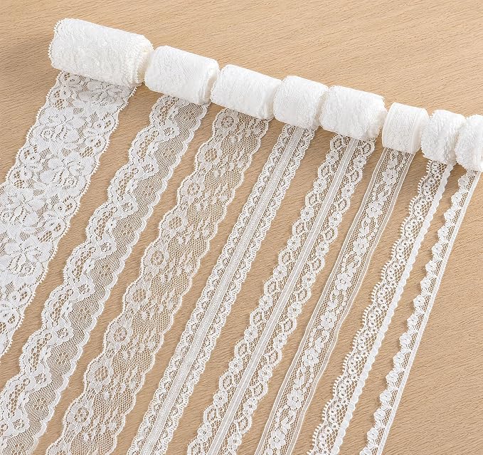 ilauke White Lace Ribbon, 8 Rolls Vintage Lace Trims 0.5 to 2.36 inch Width