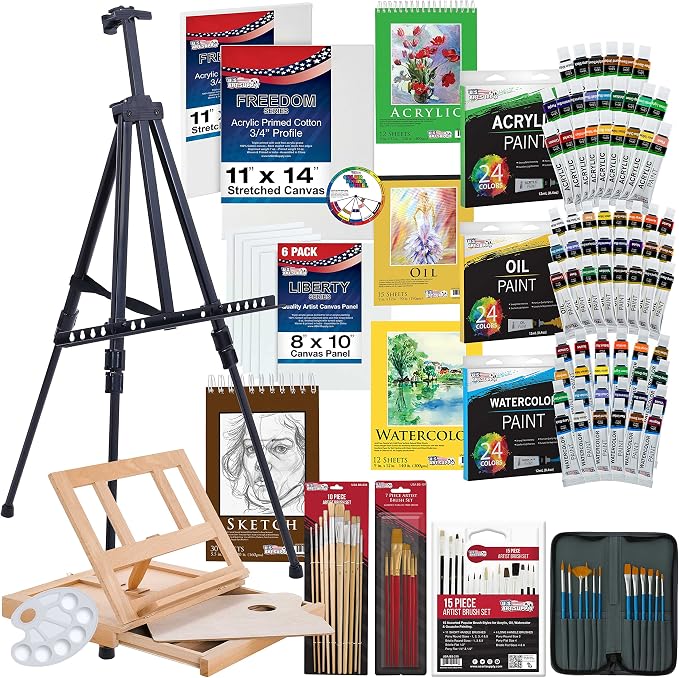 U.S. Art Supply 133-Piece Artist Painting Kit - Aluminum & Wood Easel | 24 Each (Acrylic, Oil, Watercolor Paints), 8 Canvases, 44 Brushes, 4 Paint & Sketch Pads - Painting Kits for Adults, Gift Set