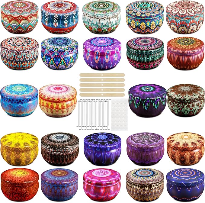 Domivirgo 24 Empty Candle Tins 2.5 oz with Lids - Simple Candle-Making Kit, Includes 26 Wicks, 5 Holders & 32 Stickers, Multi-Purpose Storage Containers for Crafts & Small Items (2.5oz)