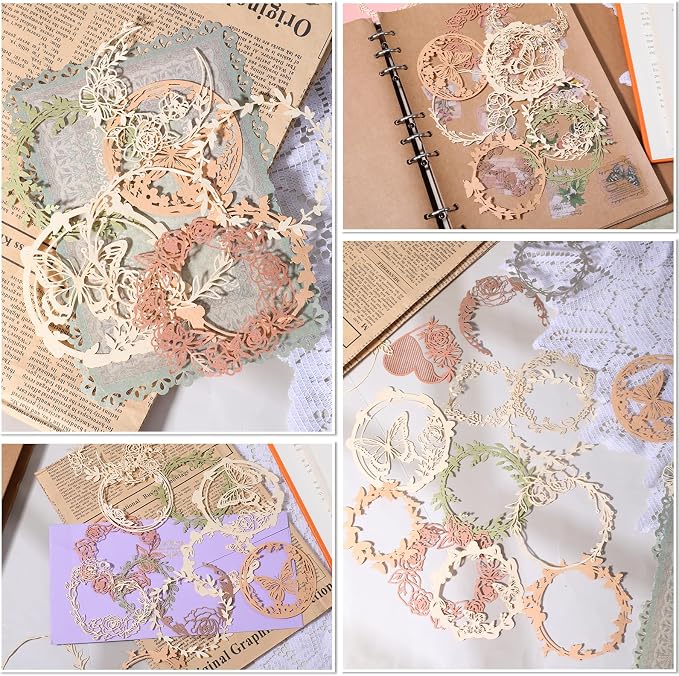 40 Pcs Vintage Flower Scrapbook Paper Lace Cutouts, Decorative Artistic Butterfly Leaf Hollow Out Frame Embellishments Card Making Supplies for Junk Journal DIY Craft Album Planners Decorative Arts