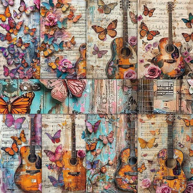 PRSTINCOL Scrapbook Paper,16 Sheets 4.1x5.8 Inch Guitar Butterfly Style Scrapbook Paper,Single-Sided Vibrant Origami Decoupage Papers for Diy Crafts, Card Making, Art Journaling