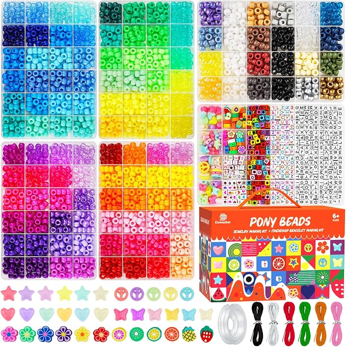 Dowsabel 6 Boxes 120 Colors Pony Beads Bracelet Making Kit, Beads for Jeweley Making with Letter Beads Kandi Beads, DIY Arts and Crafts Birthday Gifts