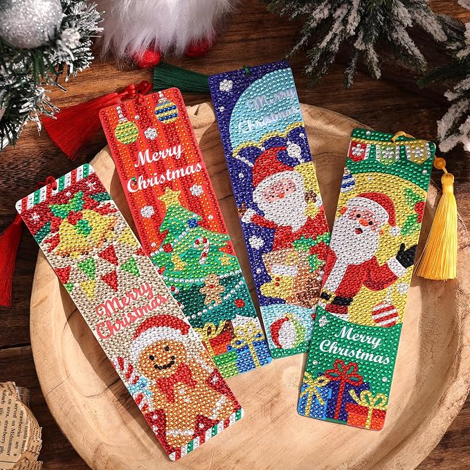 icceemee 4 Pcs Christmas Theme Diamond Painting Bookmarks, DIY Diamond Art Kits for Adults, Book Corner Protecting Bookmark Craft Supplies Kits for Book Lovers