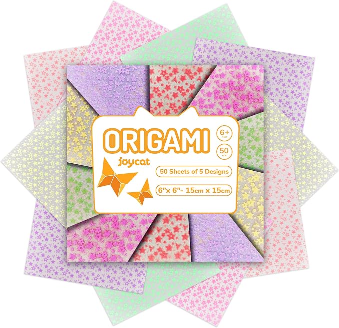 JoyCat Pastel Glow in the Dark Origami Paper, 50 Sheets, 6x6 Inch | Five soft pastel colors charge under light and glow in the dark for stars, flowers, nighttime decor and kids' crafts.