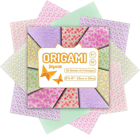 JoyCat Pastel Glow in the Dark Origami Paper, 50 Sheets, 6x6 Inch | Five soft pastel colors charge under light and glow in the dark for stars, flowers, nighttime decor and kids' crafts.